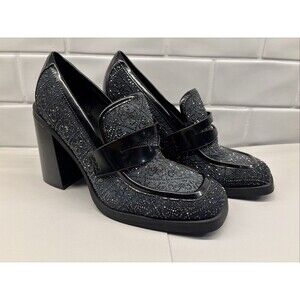 GUESS Women’s Heeled Sparkly Chunky Loafer Size 9M Y2K‎ Vibe EUC Black Glitter